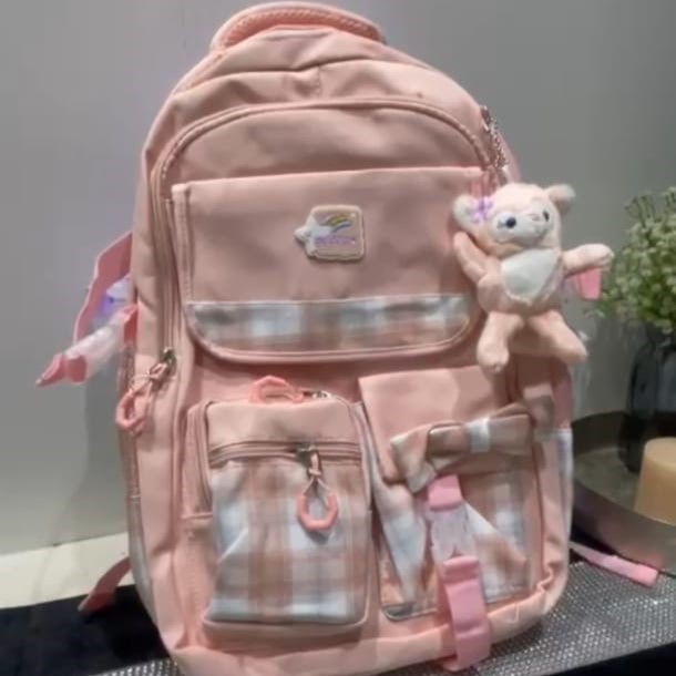 Pink Check Senior School Bag with Doll