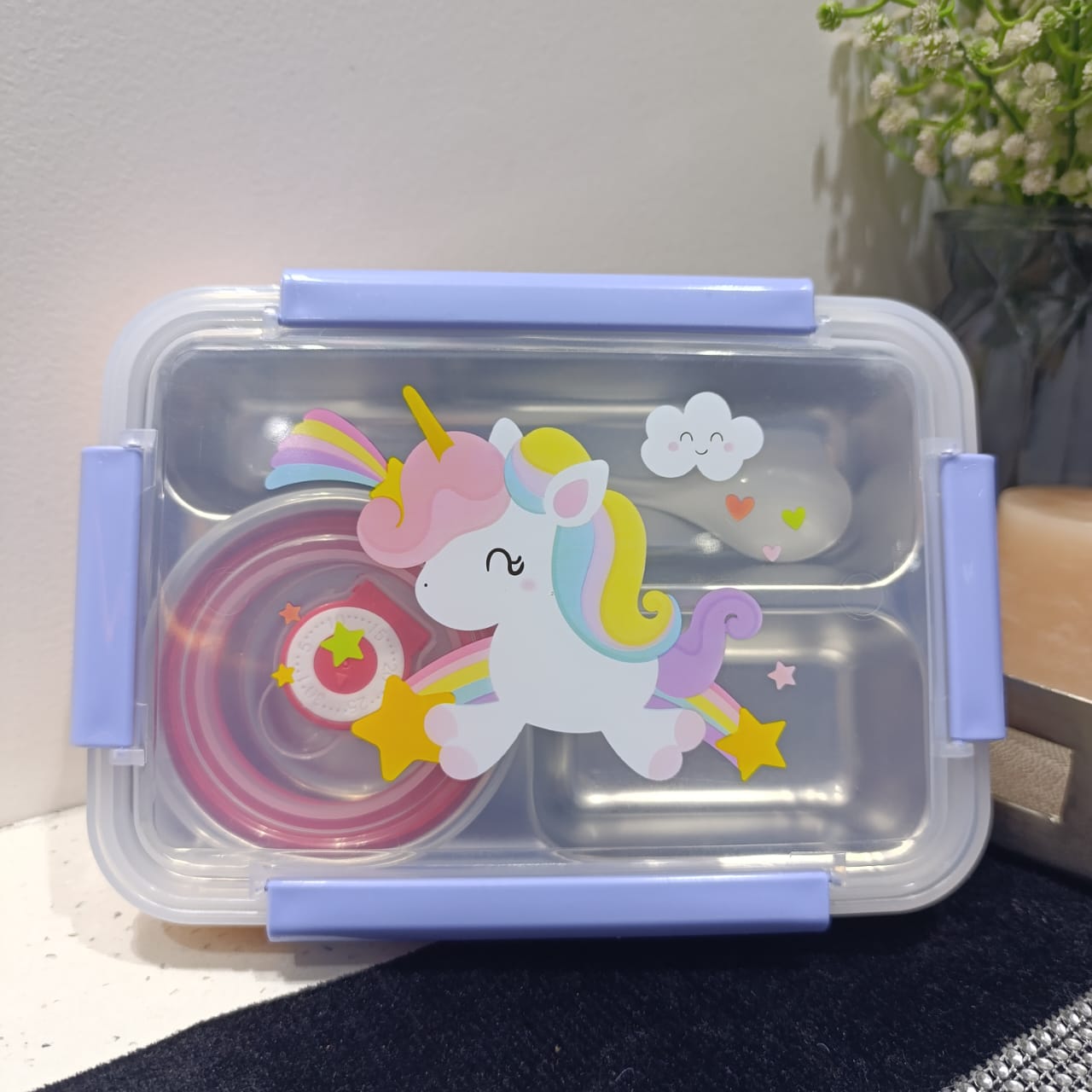 Unicorn 3 Chamber Steel Tiffin Box With Spoon