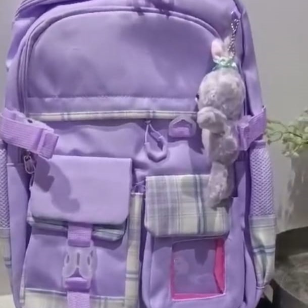 Purple Check Senior School Bag with Pocket Doll