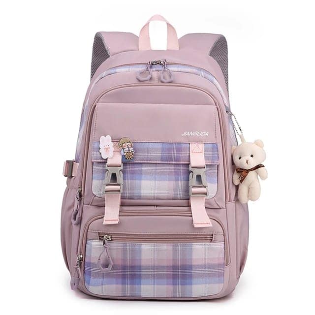 Check Print Senior School Bag With Bear Doll