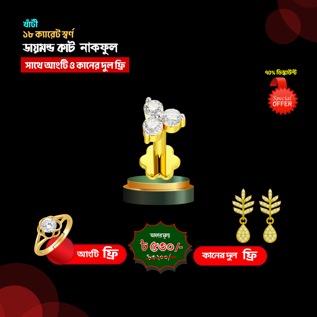 ৩ পাথর নাকফুল+কানের দুল+আংটি