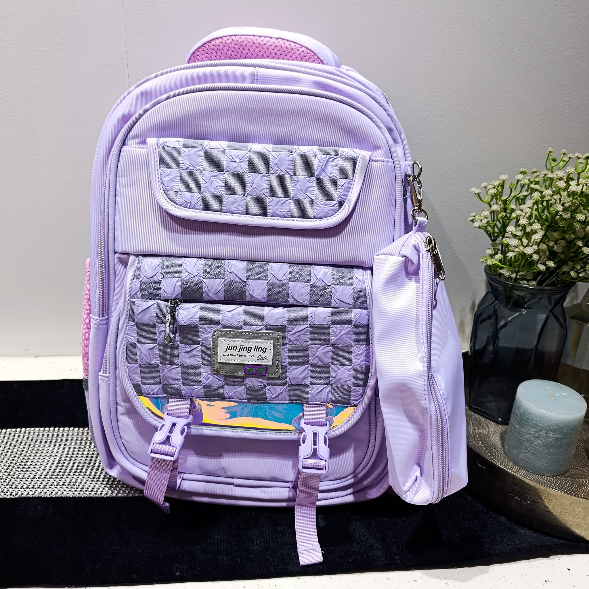 Check Design Senior School Bag with Pencil Bag